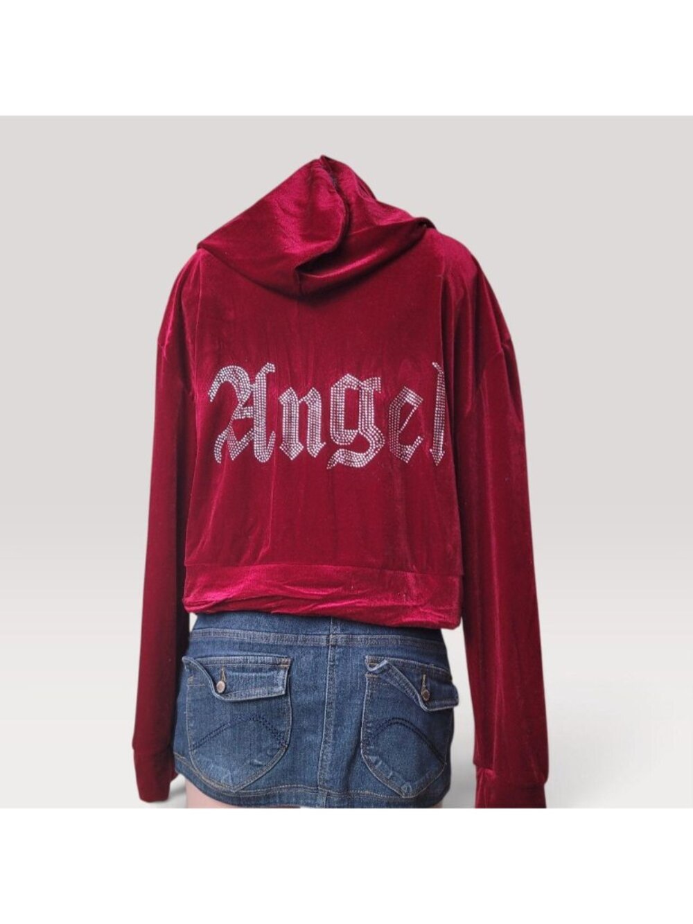 Angel Rhinestone Graphic Burgundy Wine Velour Y2K Crop Hoodie (XL)